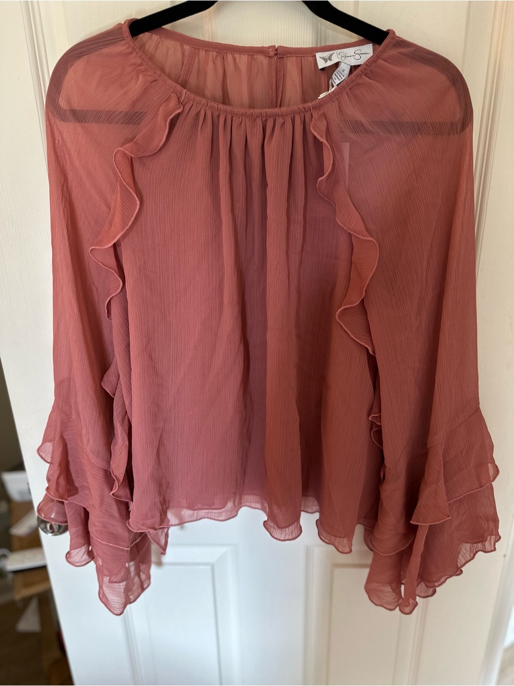 Jessica Simpson Dusty Rose Ruffle Sheer Blouse NWT